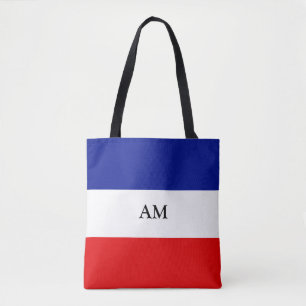 Monogram på blå, röd och vit randig totebag tygkasse