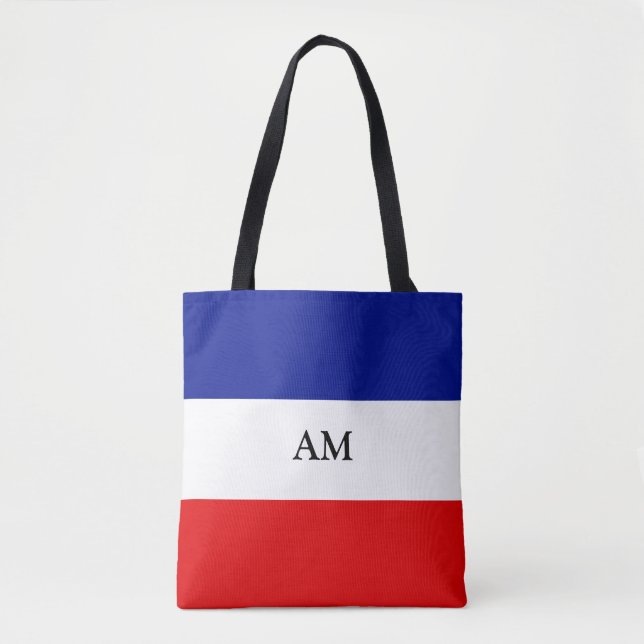Monogram på blå, röd och vit randig totebag tygkasse (Framsida)