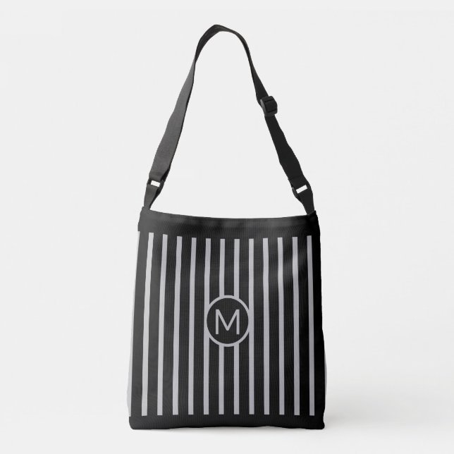 Monogram på Black & Silver Grått Lodrät Stripe Axelväska (Baksida)