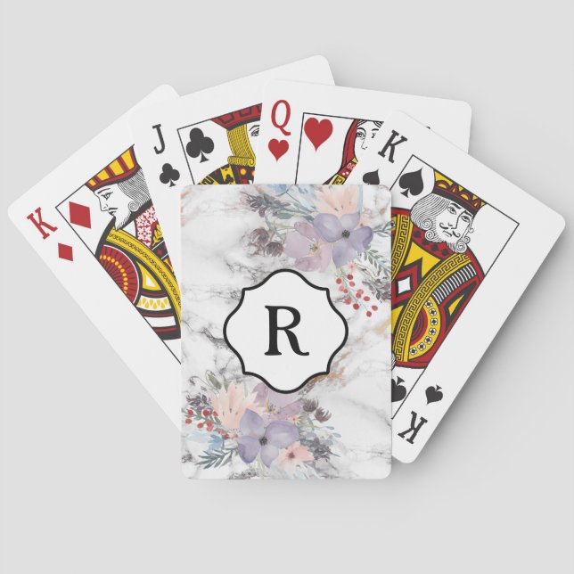 Monogram på diskreta vattenfärgblommor Guldmarmor Casinokort (Baksidan)