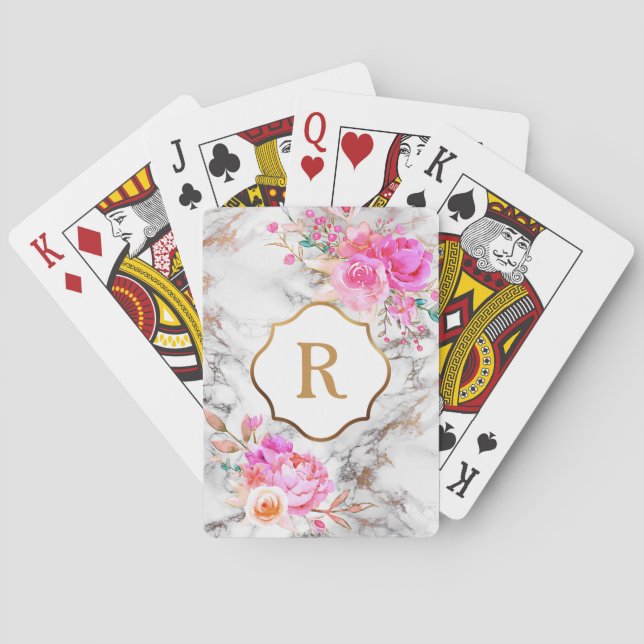 Monogram på djärka rosa blommor, guld & vit marmor casinokort (Baksidan)