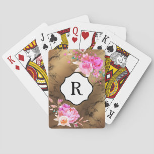 Monogram på djuprosa blommor, guld & svart marmor casinokort
