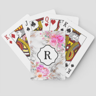 Monogram på djuprosa blommor, guld & vit marmor casinokort