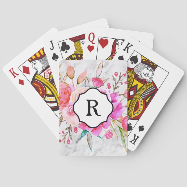 Monogram på djuprosa blommor och grå marmor casinokort (Baksidan)