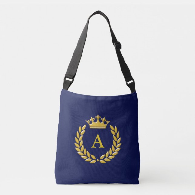 Monogram på gyllene krona & lager på marinblå axelväska (Framsida)