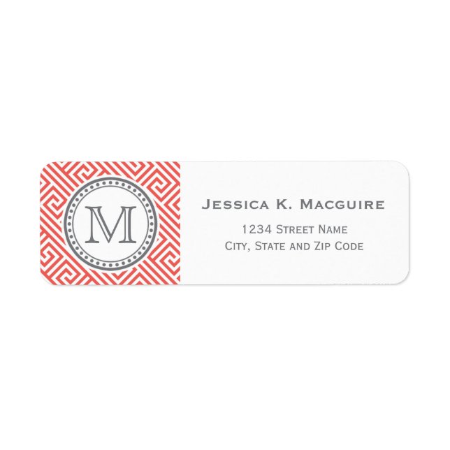 Monogram på Koral Grekiska Nyckel Mönster Returadress Etikett (Framsidan)