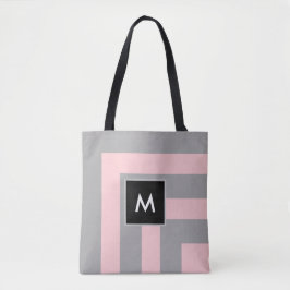 Monogram på ljusgrå och rosa randig tygkasse