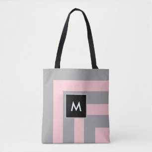 Monogram på ljusgrå och rosa randig tygkasse