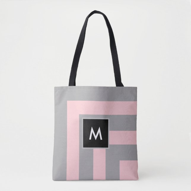 Monogram på ljusgrå och rosa randig tygkasse (Framsida)