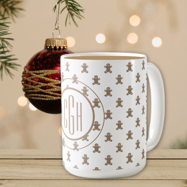 Monogram på Pepparkaksgubbe Mönster 15oz Kaffemugg (Skapare uppladdad)