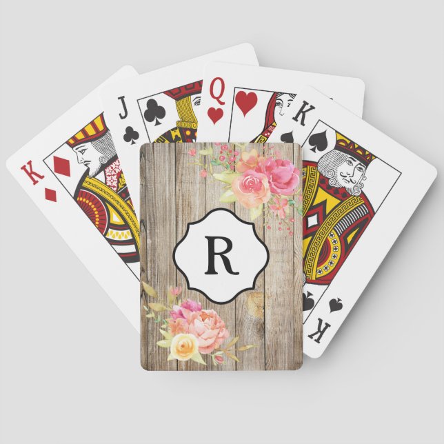 Monogram på rosa blommor och rustikt trä casinokort (Baksidan)