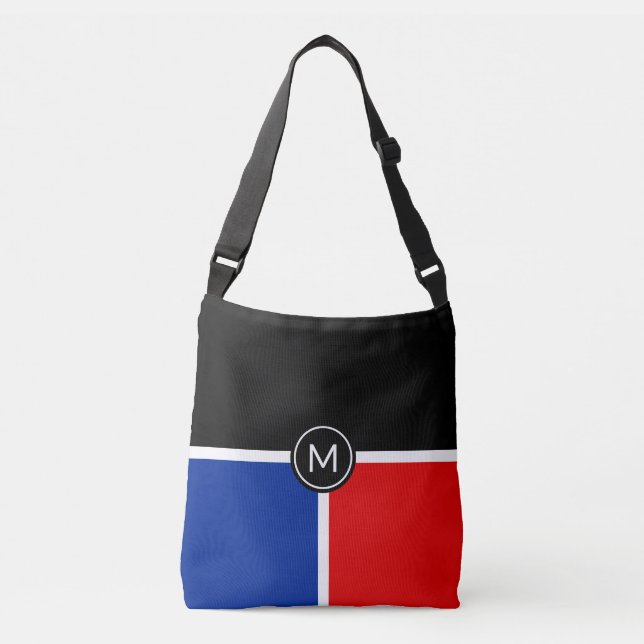 Monogram på svart, blå, röd axelväskor (Framsida)
