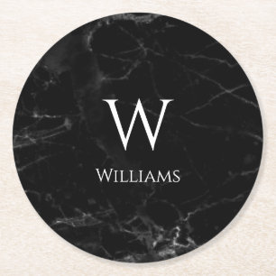 Monogram på svart marble Elegant Modern White Namn Underlägg Papper Rund