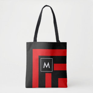 Monogram på svart och rödrandig totebag tygkasse