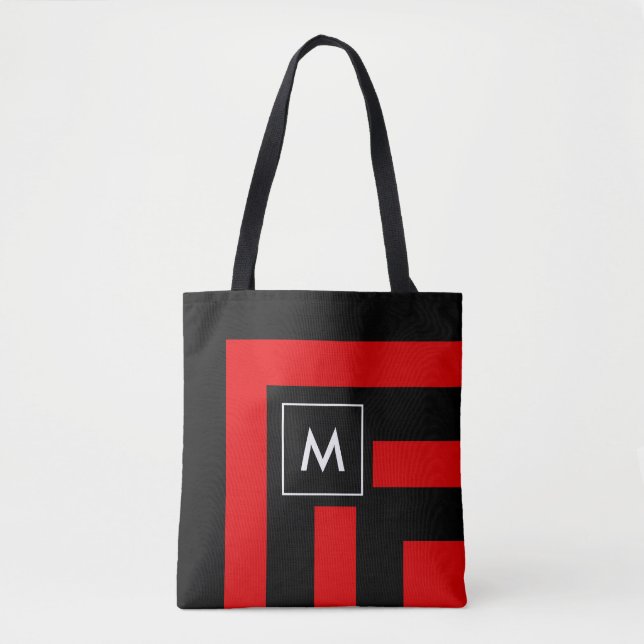 Monogram på svart och rödrandig totebag tygkasse (Framsida)