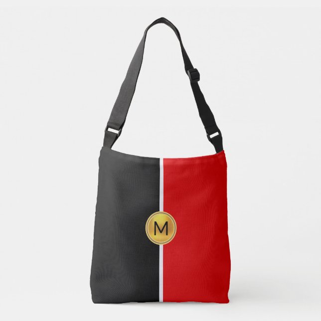 Monogram på svart och rött med vit linje axelväska (Framsida)