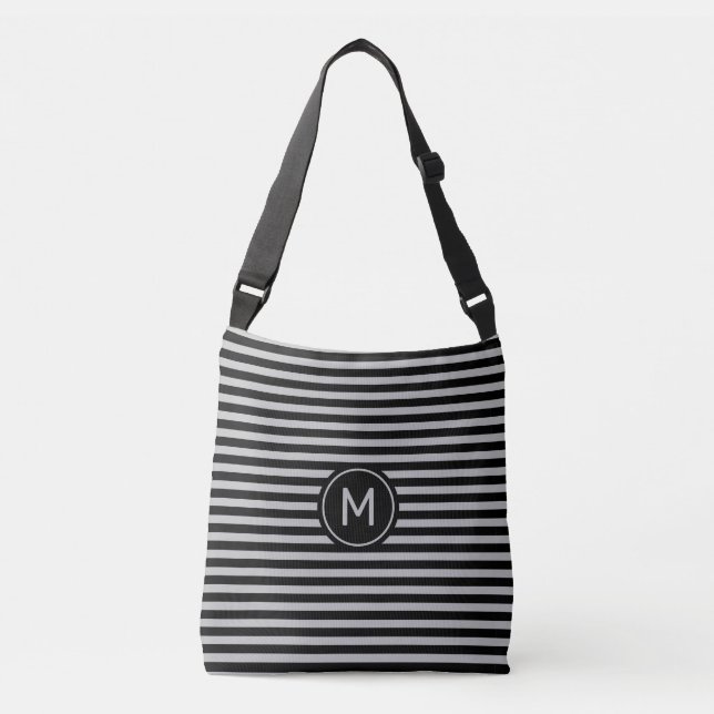 Monogram på svart och silvergrå randig axelväska (Framsida)