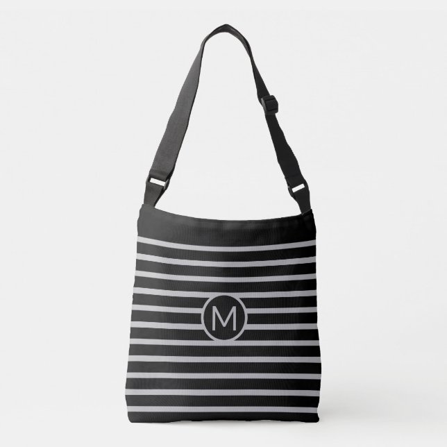 Monogram på svart och silvergrå randig axelväska (Framsida)