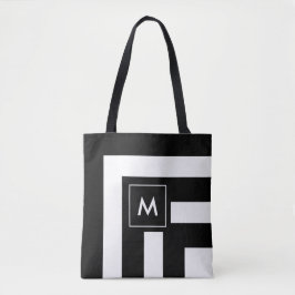 Monogram på svart och vit randig toteväska tygkasse