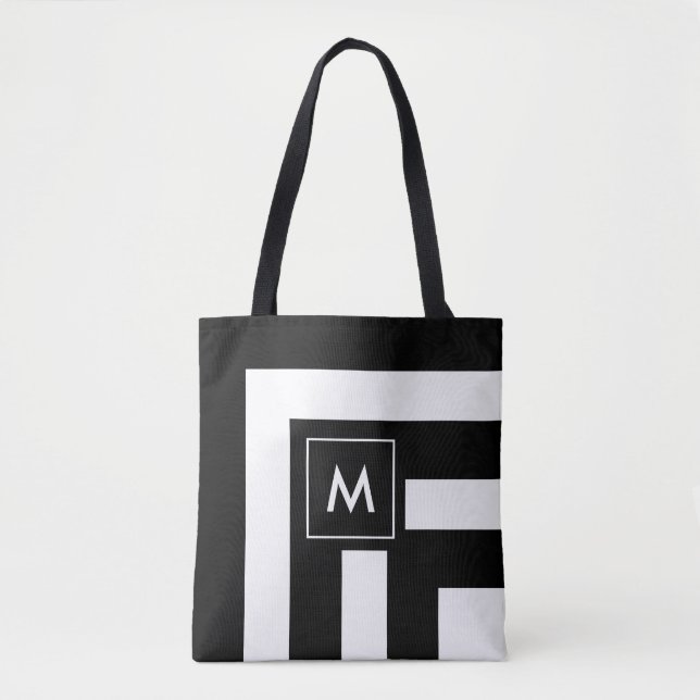 Monogram på svart och vit randig toteväska tygkasse (Framsida)