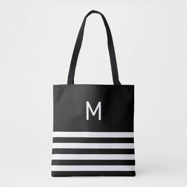 Monogram på svart och vit randig tygkasse (Framsida)