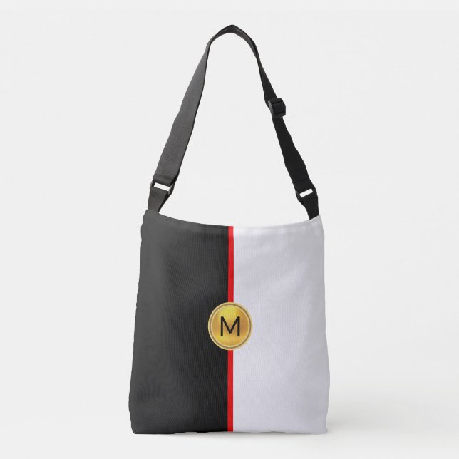 Monogram på svart och vitt med röd linje axelväska (Framsida)