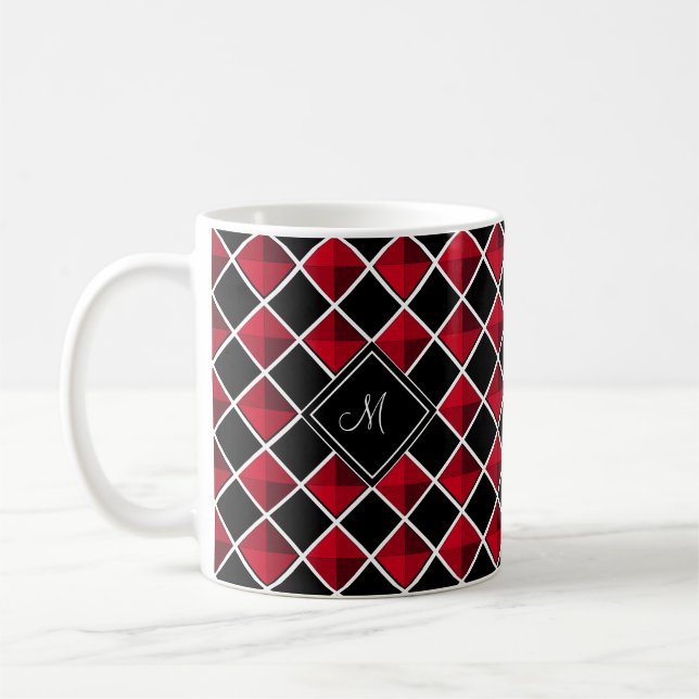 Monogram på svart röd diamantmönster kaffemugg (Vänster)