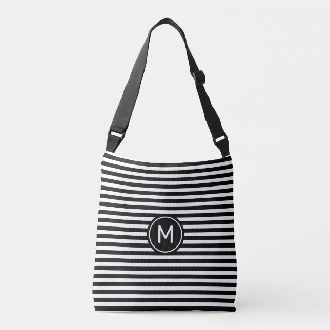 Monogram på svart & vit randig crossbody väska (Framsida)