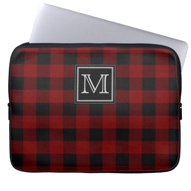 Monogram på tåligt rött och svart papper laptop sleeve (Framsidan)