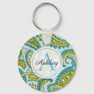 Monogram Paisley Colorful Aqua Boho Trendig Chic Nyckelring