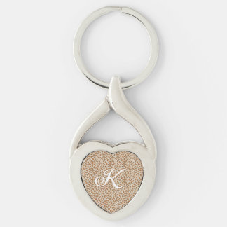 Monogram panter skinn ljusbrun mönster namn låt twisted heart silverfärgad nyckelring
