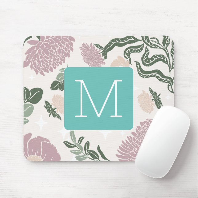 Monogram Pastel blommigt med färgstark gräns Blue. Musmatta (Med mus)