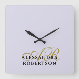 Monogram Pastel Purple Gold Black Minimalist Chic Fyrkantig Klocka