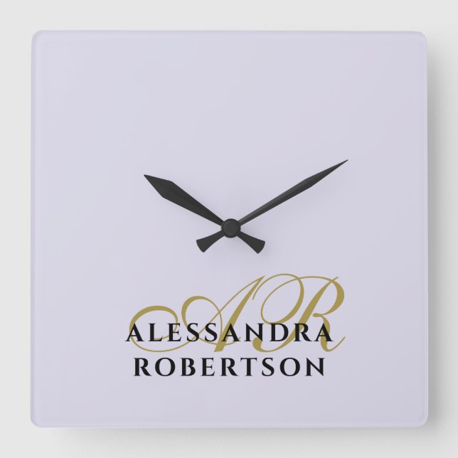 Monogram Pastel Purple Gold Black Minimalist Chic Fyrkantig Klocka (Framsida)
