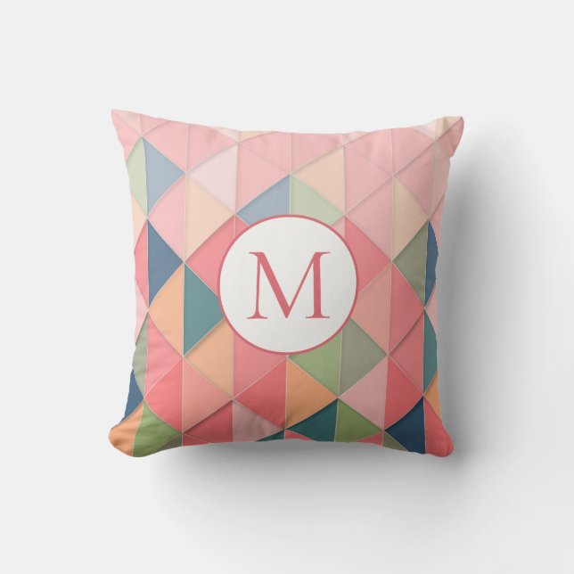 Monogram Pastel Rosa Blue Grönt Geometric Mönster Kudde (Framsida)