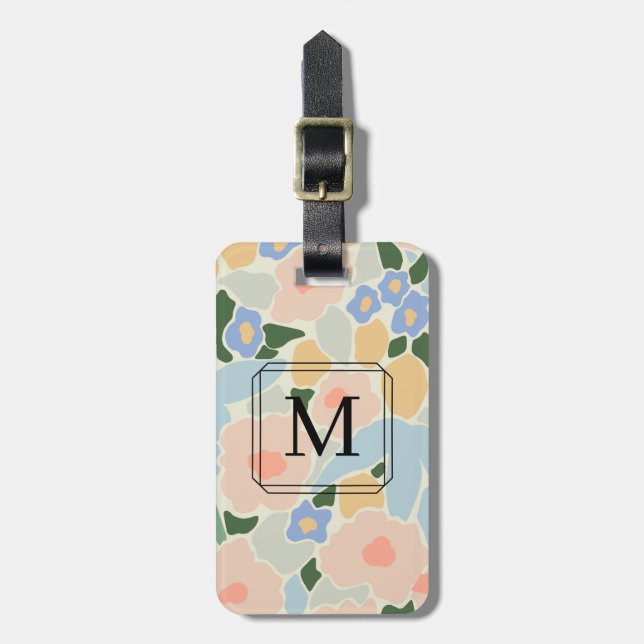 Monogram Pastel Rosa Light Blue Flower Mönster Bagagebricka (Vertikal Framsida)