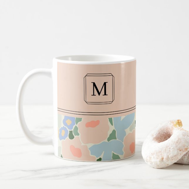Monogram Pastel Rosa Light Blue Flower Mönster Kaffemugg (Med munk)