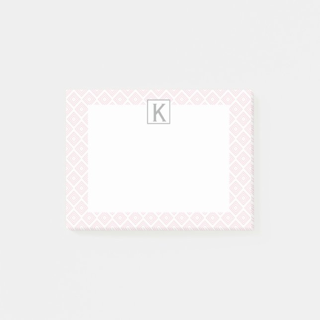 Monogram Pastel Rosa Square Mönster med Grått Post-it Block (Framsida)