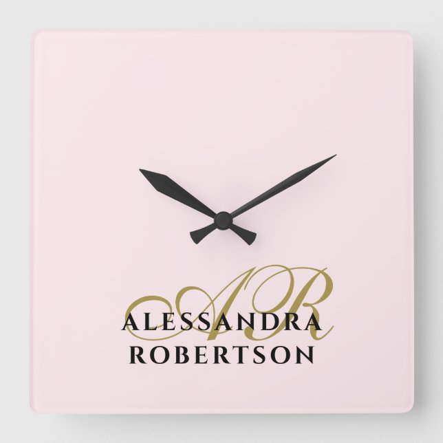 Monogram Pastell Rosa Guld Svart Minimalistisk Mod Fyrkantig Klocka (Framsida)