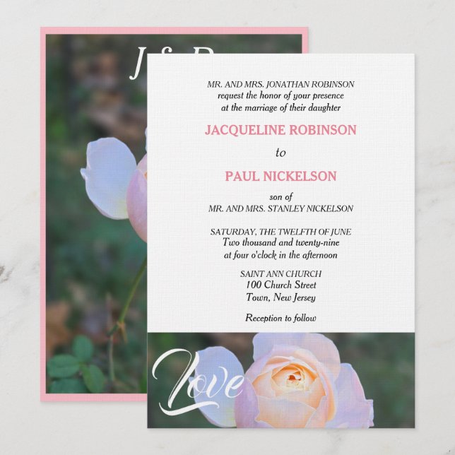 Monogram Pastell Rosa Ros Kärlek  Inbjudningar (Fram/baksida)