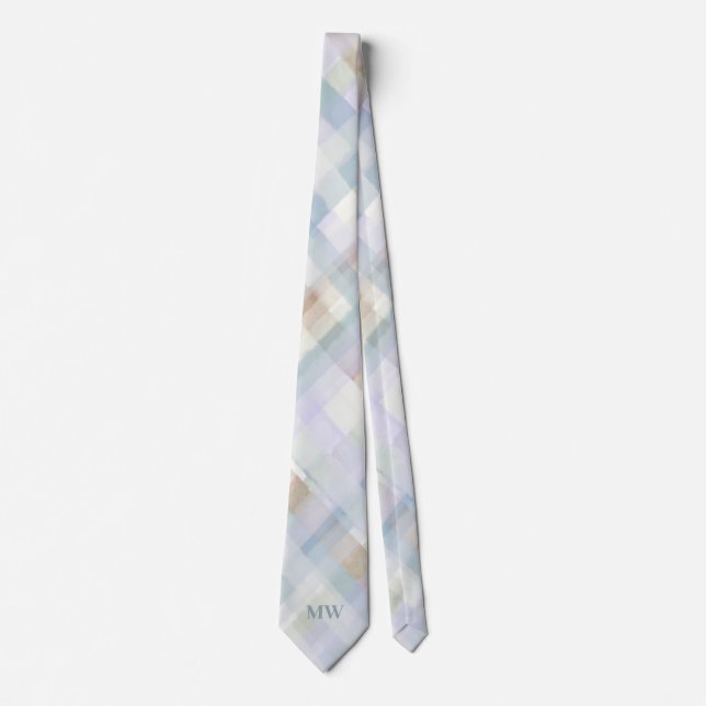 Monogram Pastell Rutig Tartan Pulverblå Kräm Slips (Framsida)