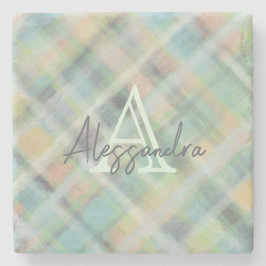 Monogram pasteltartan grönt grått gult teal stenunderlägg
