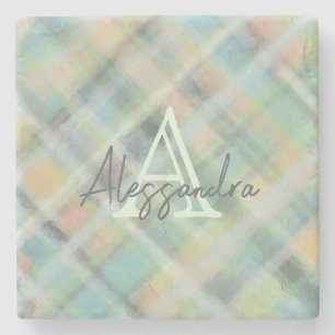 Monogram pasteltartan grönt grått gult teal stenunderlägg