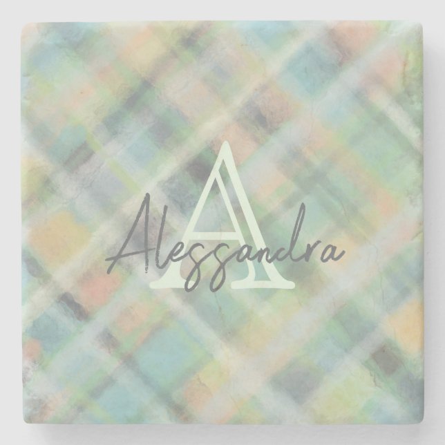 Monogram pasteltartan grönt grått gult teal stenunderlägg (Framsidan)