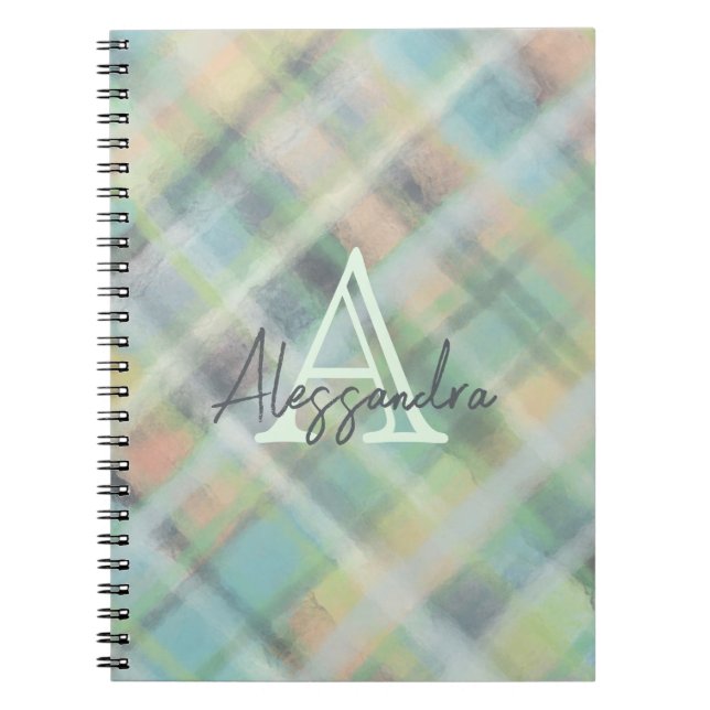 Monogram pasteltartan teal gult grått grönt anteckningsbok (Framsidan)