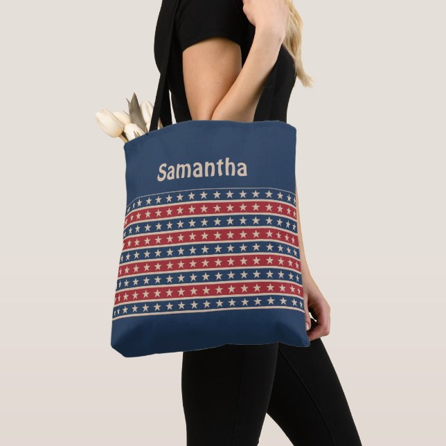 Monogram Patriotic Red Blue Tan Stars Tote Bag Tygkasse (Närbild)