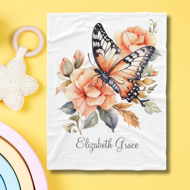 Monogram Peach Blommigt Butterfly Flicka Baby Fleecefilt (Monogrammed Name Peach Floral Butterfly Baby Blanket)