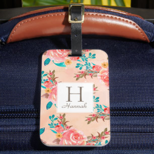 Monogram Peach Blommigt Watercolor Mönster Bagagebricka