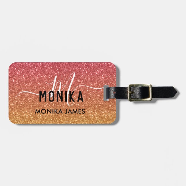 Monogram Peach och Guld Glitter Ombre Anpassningsb Bagagebricka (Horisontell Framsida)