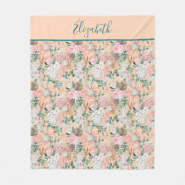 Monogram Peach Rosa Vit Grönt Blommigt Eucalyptus Fleecefilt